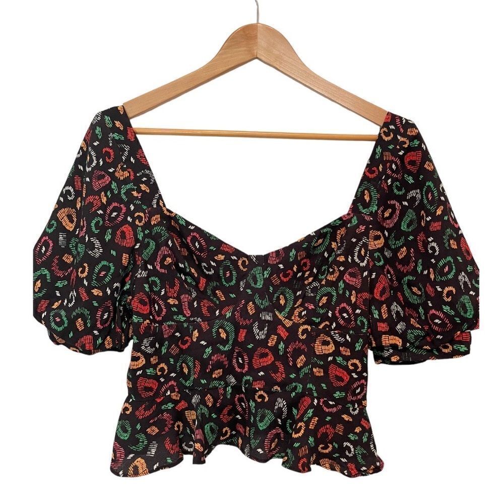 FARM Rio Orange and Black Puff Sleeve Peplum Blouse - Picture 7 of 7